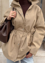 Beige Drawstring Waist Coat - Modern Mid-Length Jacket