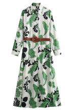 Long Sleeve Belted Waist Shirt-Style Long Dress
