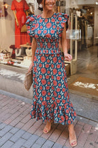 Emilia Unique Print Flutter Sleeve Smocked Top and Elastic Waist Maxi Skirt Set
