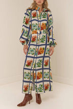 Collared Waist-Cinched Printed Maxi Shirt Dress