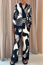 Graphic Printed Long Sleeve Blouse Shirt Wide Leg Pants 2 Pieces Set