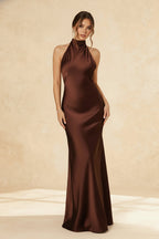 Vintage Solid Satin Backless Maxi Dress