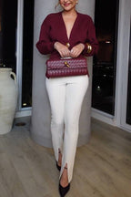 Metal buckle V-neck knit cardigan