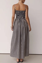 Striped Print Spaghetti Strap Pleated Pocket Casual Vacation Maxi Dress