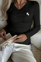 Embroidered Cable Knit V Neck Sweater