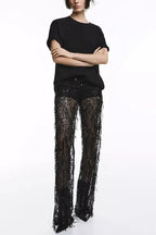 Yulissa Layered Sequin Tassels Mid Rise Stretch Waist Wide Leg Pants