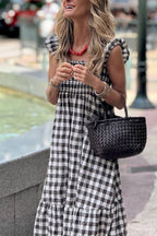 Black and White Gingham Square Neck Smocked Maxi Dress