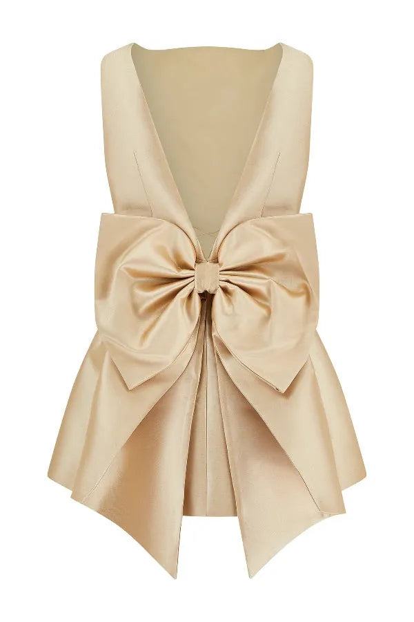 Mini waist cinching sexy satin oversized bow detail square neck mini dress