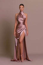 Elegant Stand Collar Halter Sleeveless Slit Formal Dress