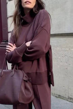Double Soft Turtleneck Side Zipper Sweatshirt and Elastic Waist Pocketed Loose Pants Set
