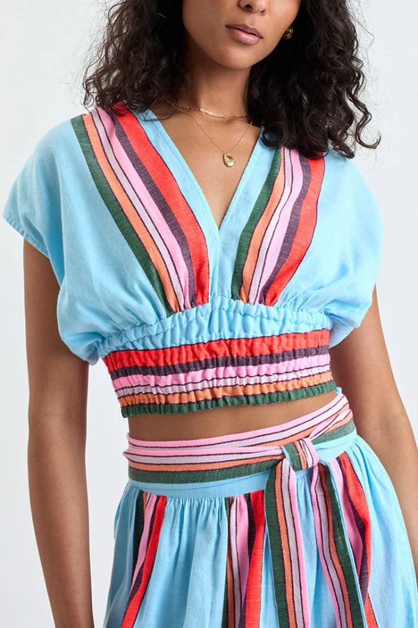 Stylish Striped Print V-neck Cropped Top and Elastic Waist Casual Maxi Skirt Set