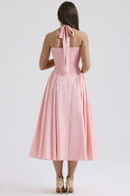 Floral Halter Lace Trim Long Sleeveless Prom Dress
