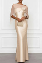 Lucero 3D Floral Satin Boat Neck Short Sleeve Sheath  Capelet Gown Maxi Dress