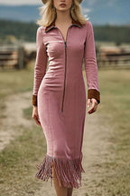 Stylish Suede Zipper Long-sleeved Fringed Hem Slim-fit Midi Dress