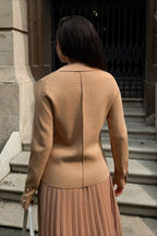 V Neck Double Breasted Knit Blazer Pleated Skirt Set