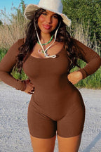 Solid Ribbed U Neck Long Sleeve Slim Athletic Booty Lifting Jumpsuit