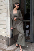 Vintage Ribbed Knit Cardigan and Cami Dress Three Piece Set