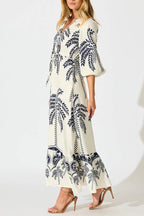 Tropical Palm Print V-Neck Waisted Maxi Dress