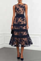 Rosmie Flower Mesh Lace Colorblock Boat Neck Sleeveless A-Line Midi Dress