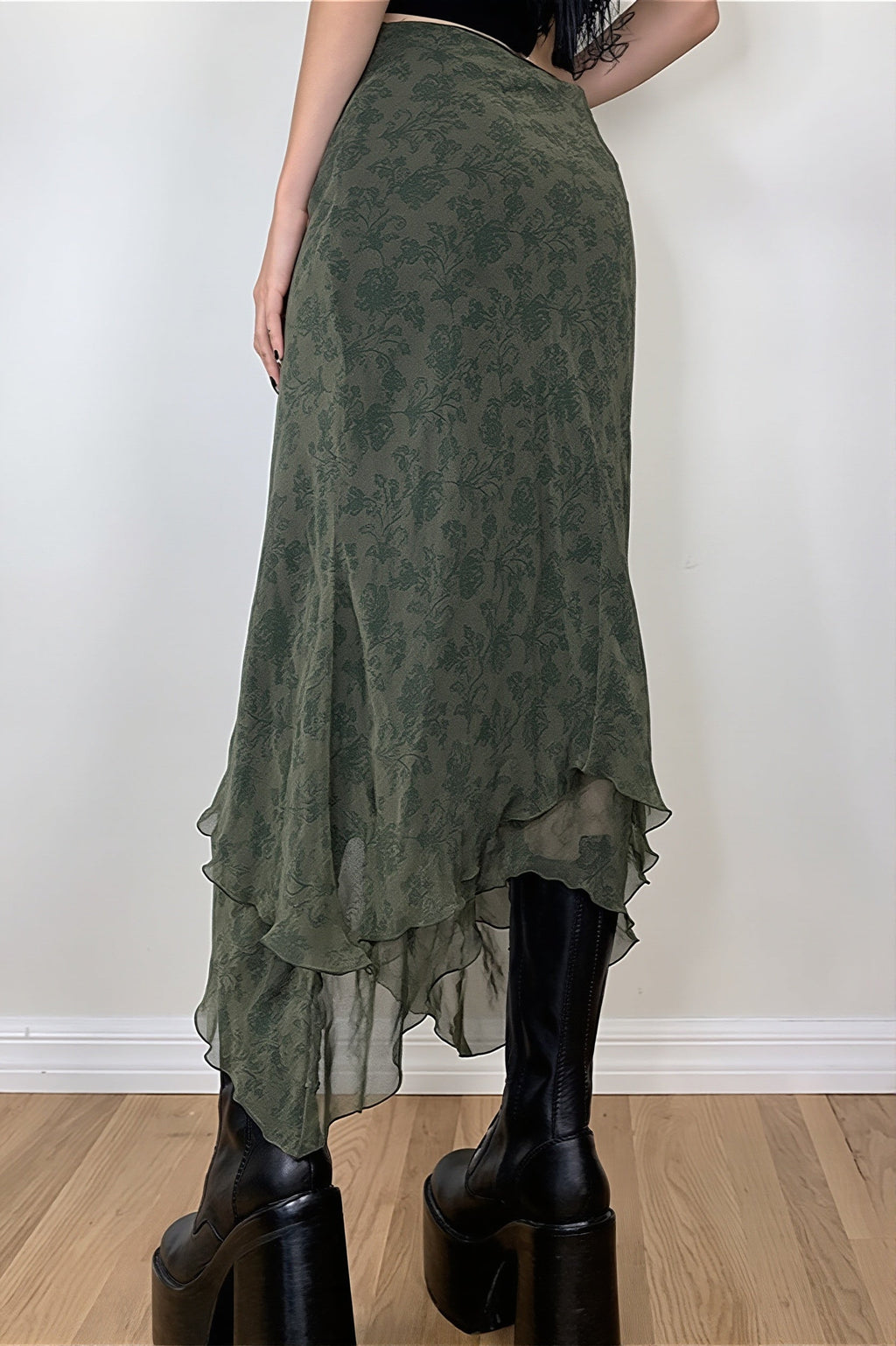 Floral Green Chiffon Irregular Maxi Skirt