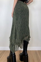 Floral Green Chiffon Irregular Maxi Skirt