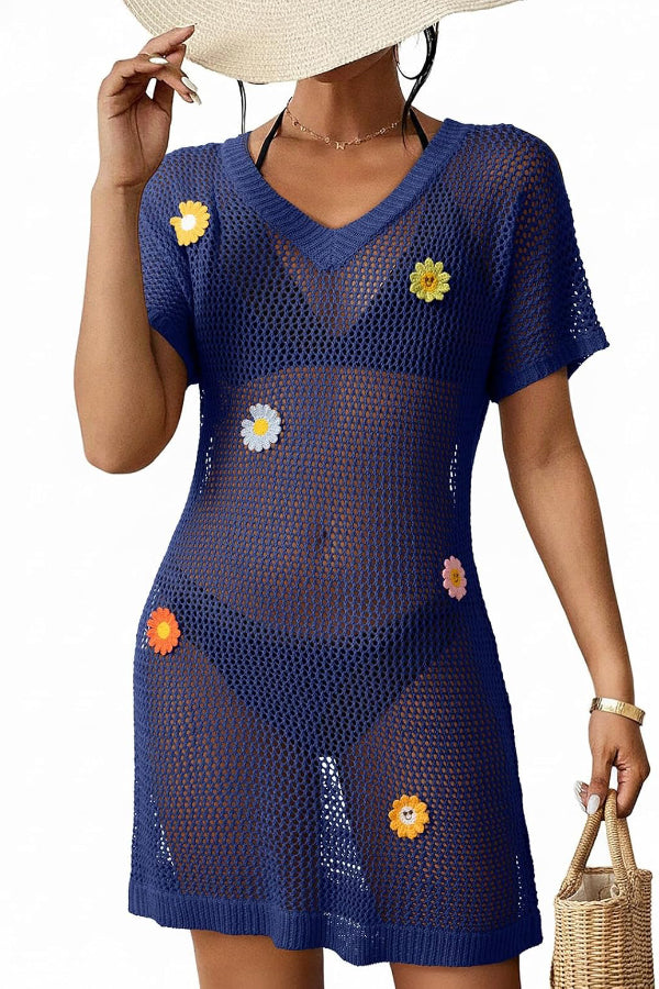 Floral-decorated V-neck Short-sleeved Crochet Cover-up Vacation Mini Dress