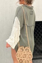 CHARCOAL GREEN CROCHET SLEEVE BUTTON UP