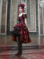 Japanese Gothic Style Red Black Halloween OffShoulder Court Wave Autumn Dark HighWaist Lolita Party Dress