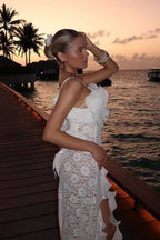 Sexy Lace Split V Neck Backless Ruffled Boho Dress