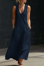 Linen Blend Solid Color V-neck Sleeveless Button-down Casual Pocket Midi Dress