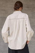 White High-Density Cotton Long-Sleeve Collared Blouse