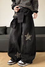 Leopard Print Patchwork Tie Loose Wide Leg Retro Jeans