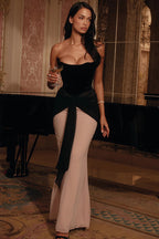 Ruched Ribbon Tie High Waist Bodycon Color Block Tube Top Maxi Dress
