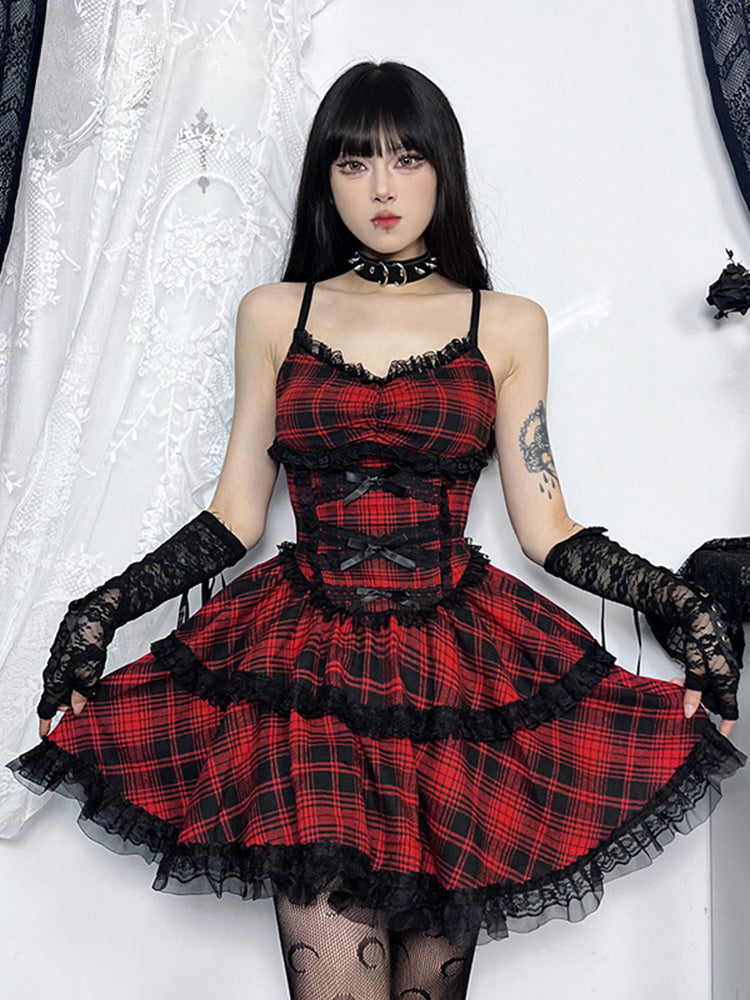 Grunge Gothic Plaid Black Emo Lace Up Backless Mini A Line Dress