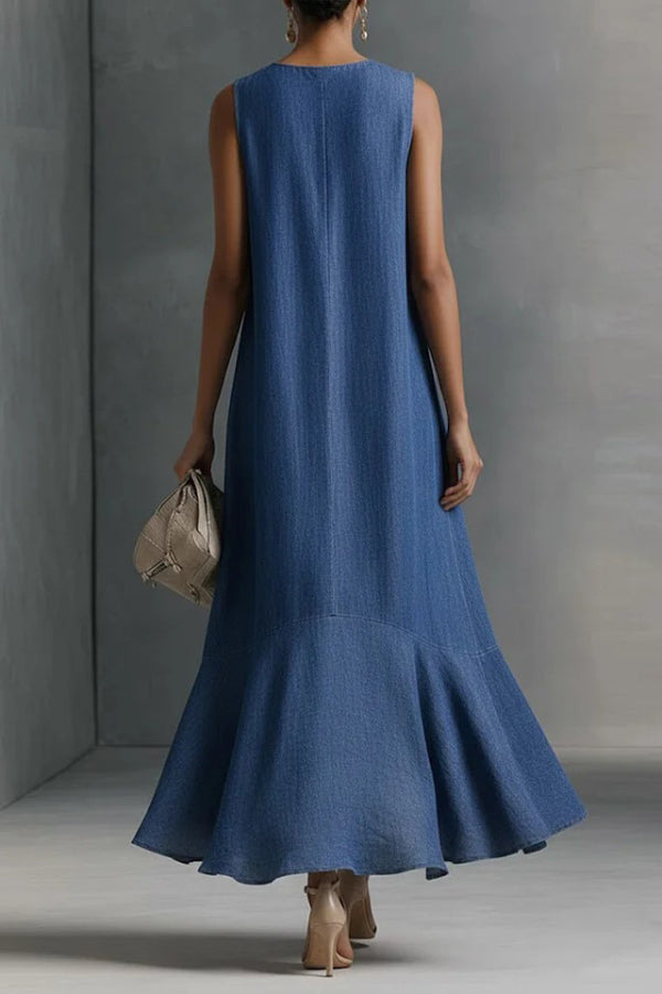 Stylish V-neck Sleeveless Loose-fitting Irregular Denim Midi Dress