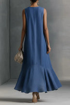 Stylish V-neck Sleeveless Loose-fitting Irregular Denim Midi Dress