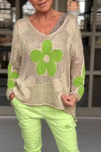 Floral Knitted Hollow V-neck Shirt Floral Mesh Sweater