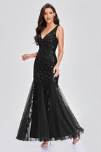 V Neck Sheer Embroidered Sequin Sexy Prom Dress