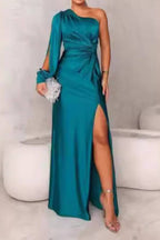 One-shoulder satin twisted high-slit maxi dress