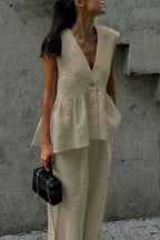 V-Neck Sleeveless Ruffled Peplum Top + Wide-Leg Pants Linen Set