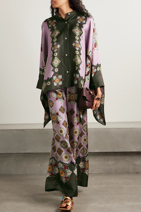 Satin Unique Print Loose Batwing Sleeve Top and Elastic Waist Pocket Casual Wide-leg Pants Set