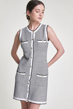 Grey Sleeveless Button Front Pocket Detail Knitted Mini Dress