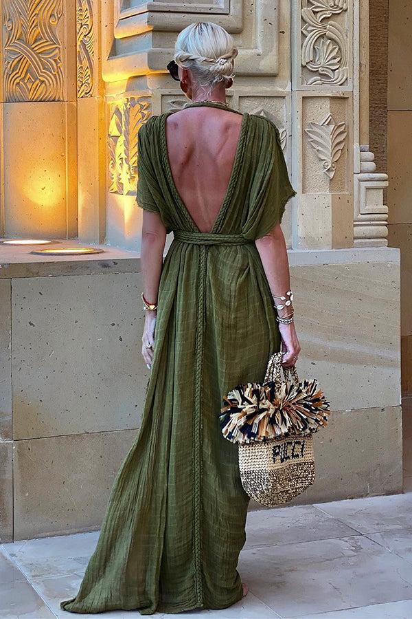 Rich style linen blend pleated plait kimono concealer slit skirt