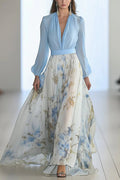 Plant Print V-neck Long Sleeve Elegant Stitching Maxi Dress