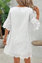 Solid Color Hollow Embroidery Casual Lace V-Neck Mini Dress