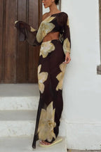 Floral Print Off-shoulder Long-sleeved Loose Top and Elegant Drawstring Maxi Skirt Set