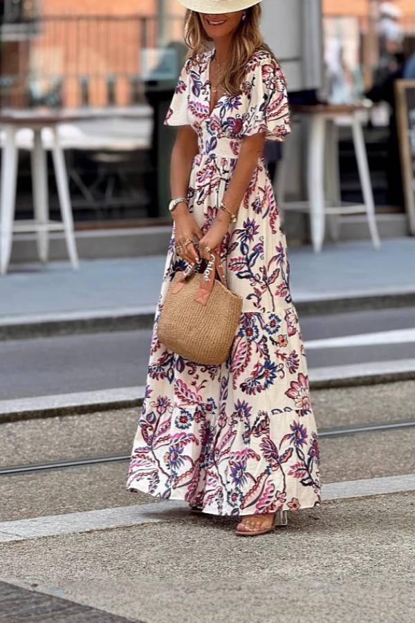 Pink and Purple Floral Print V-Neck Puff Sleeve Waist-Defining A-Line Cotton Linen Maxi Dress