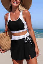 Stylish Color-blocked High-waisted Tie-up Stretch Two-piece Bikini Swimsuit
