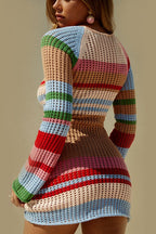 Striped Color-Block U-Neck Sexy Long-Sleeve Knit Sweater Dress