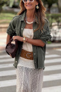 Khaki Green Denim Overshirt with Pink Crochet Mandala